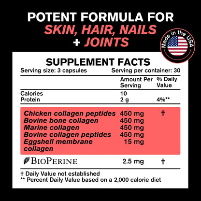 VitaRaw Collagen Pills 1800 mg - Multi Collagen Supplements (Types I, II, III, V & X) Grass Fed Non GMO Collagen Peptides Pills for Hair, Skin and Joints - Hydrolyzed Collagen Protein Powder - Maple Wellness Supplements