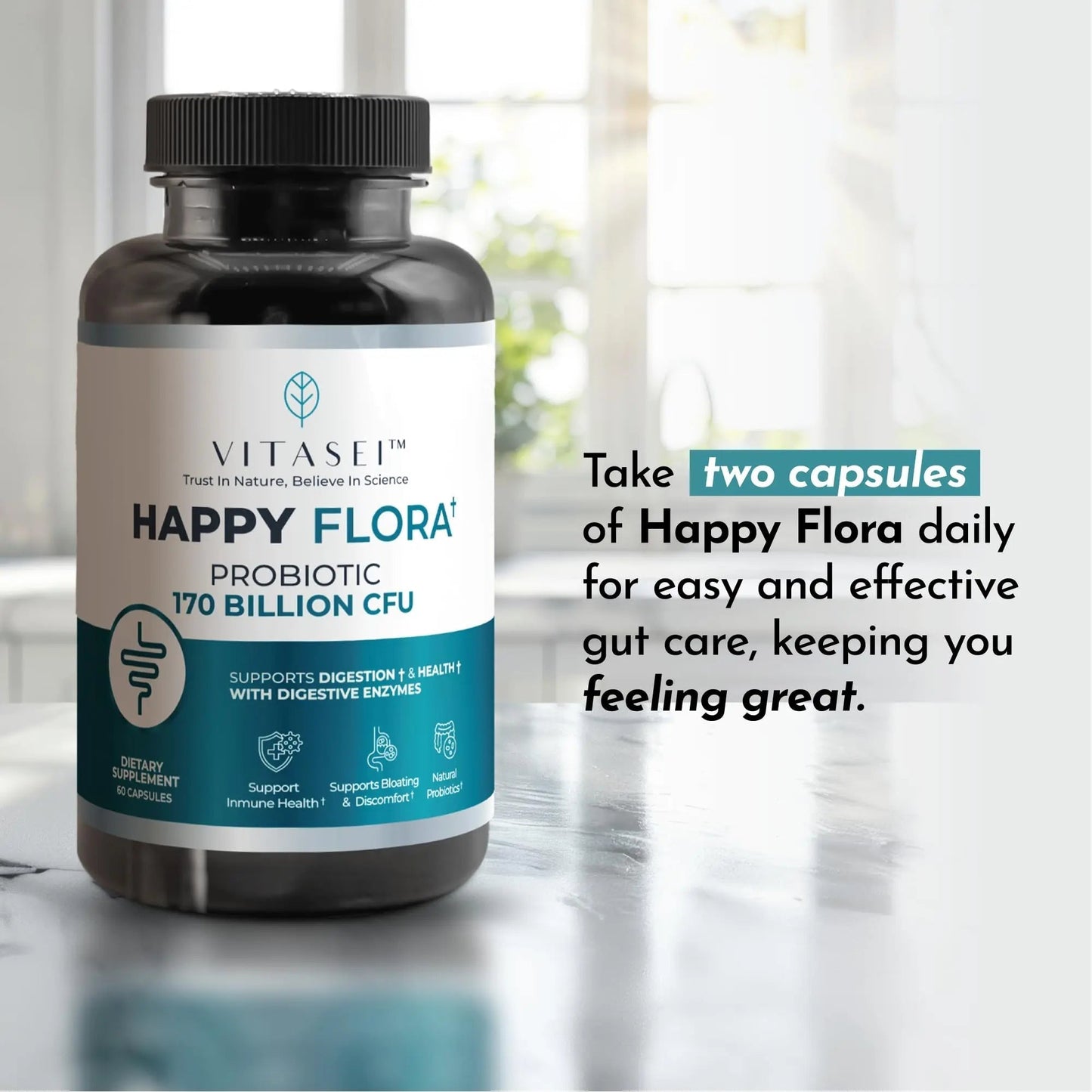 VITASEI Happy Flora, Probiotic Supplement 170 Billion CFU for a Healthy Gut Health with enzymes for Digestion, probiotics for Women and Men, 1 Bottle - 60 Capsules - Maple Wellness Supplements
