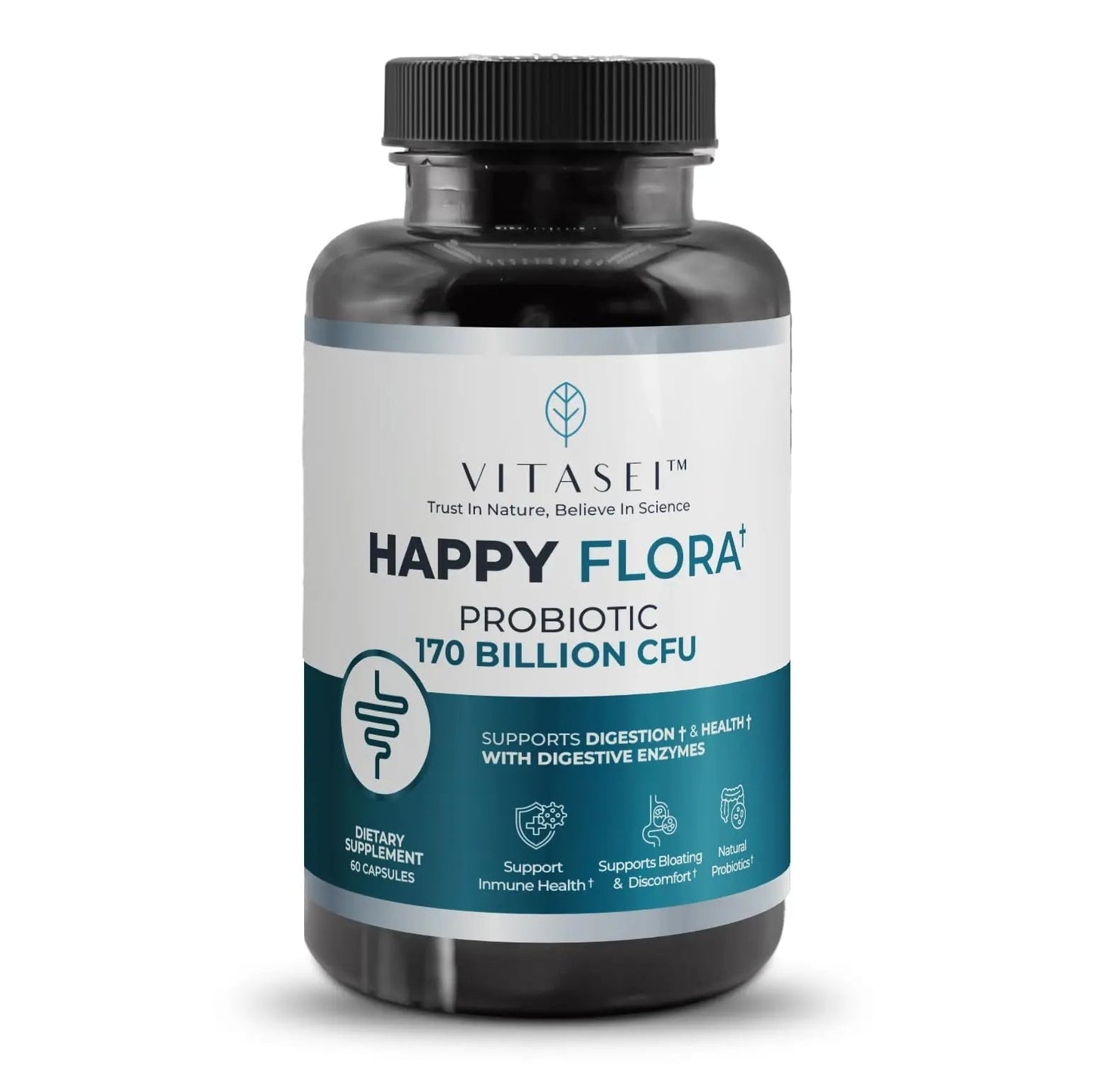 VITASEI Happy Flora, Probiotic Supplement 170 Billion CFU for a Healthy Gut Health with enzymes for Digestion, probiotics for Women and Men, 1 Bottle - 60 Capsules - Maple Wellness Supplements