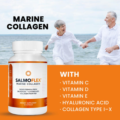 VITASEI Salmoflex Marine Collagen Peptides Pills W/Hyaluronic Acid, Vitamin C, D, E | Salmon Supplements - Hair, Skin, Nails | Multivitamin for Women & Men | Knee, Joint Relief - 60 Capsules - Maple Wellness Supplements
