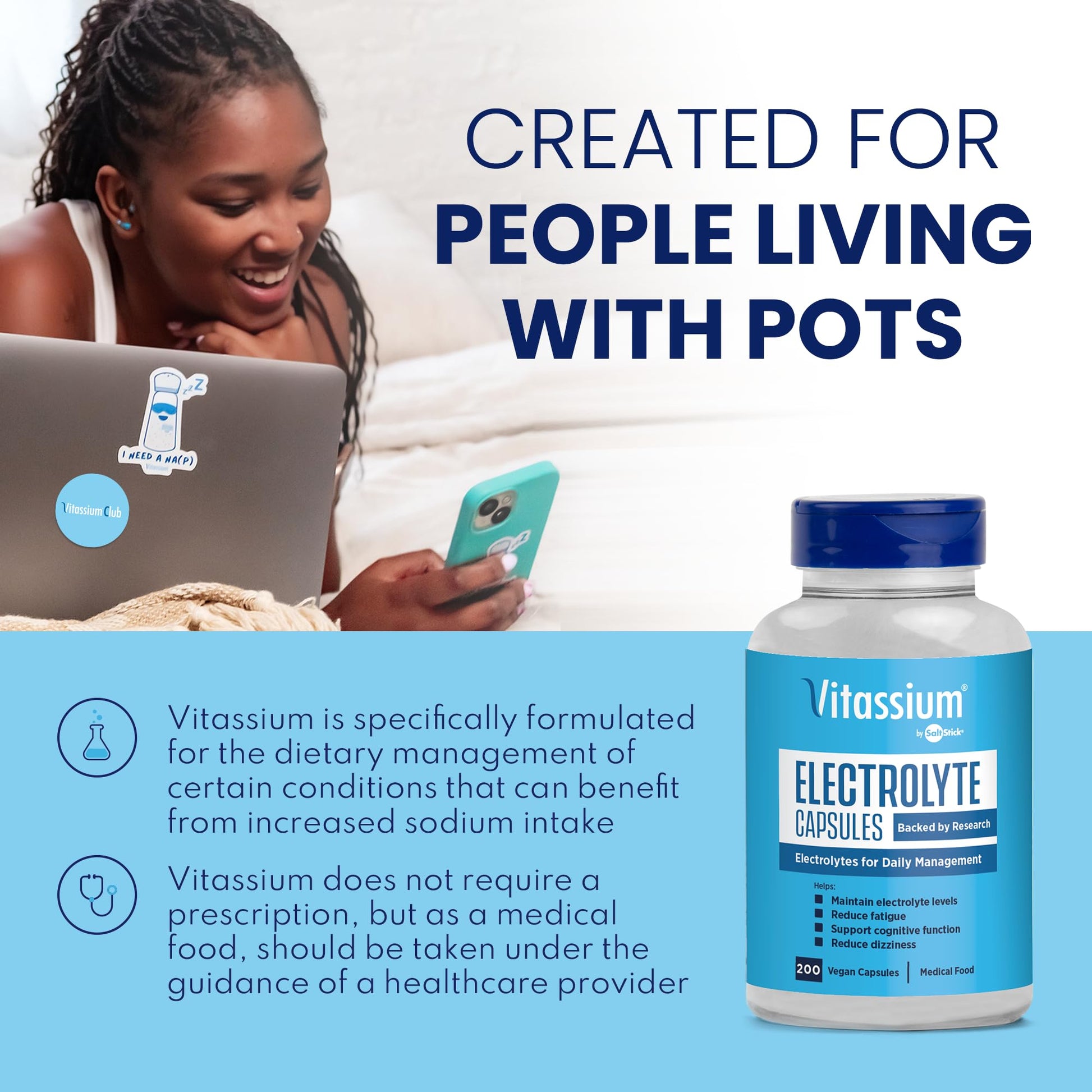 Vitassium Electrolyte Capsules, Electrolytes for The Management of POTS and High Sodium Diets (500mg Sodium - 100mg Potassium) - Maple Wellness Supplements