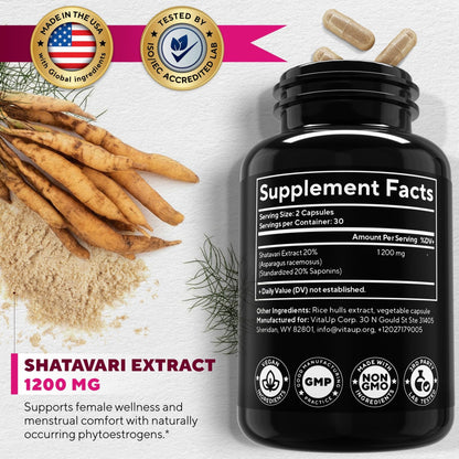 VitaUp Shatavari Capsules for Women 1200mg - USA Made Shatavari Root Supplement for Normal Hormonal Support, Menopause & Menstrual Wellness - 60 Vegan Capsules - Maple Wellness Supplements