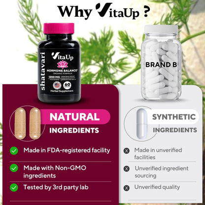 VitaUp Shatavari Capsules for Women 1200mg - USA Made Shatavari Root Supplement for Normal Hormonal Support, Menopause & Menstrual Wellness - 60 Vegan Capsules - Maple Wellness Supplements