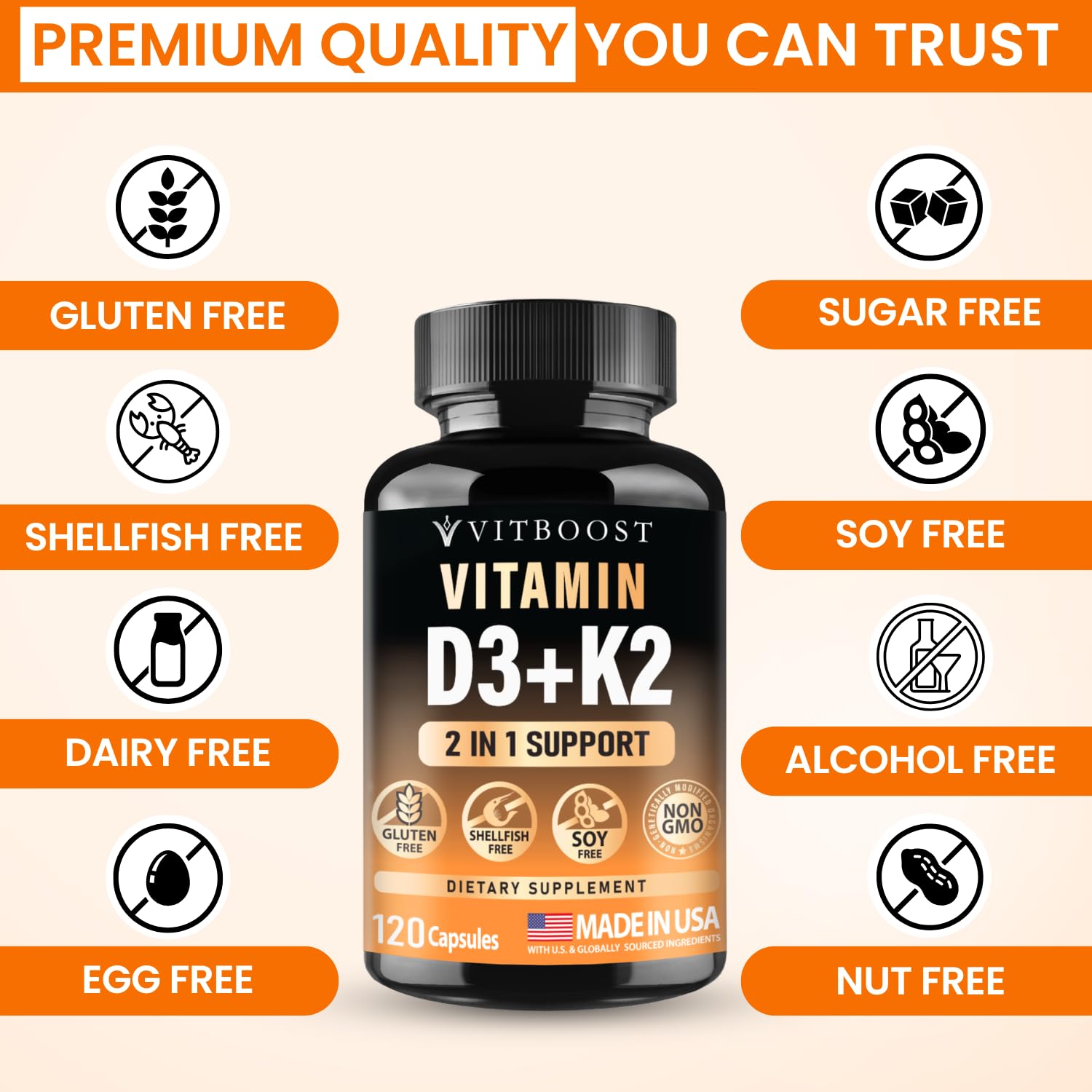 VITBOOST Vitamin D3 K2 Complex - Easy to Swallow - Vitamin D (D3) 5000 IU (125 mcg) & K2(MK-7) 90 mcg | Non-GMO | Gluten-Free - Maple Wellness Supplements