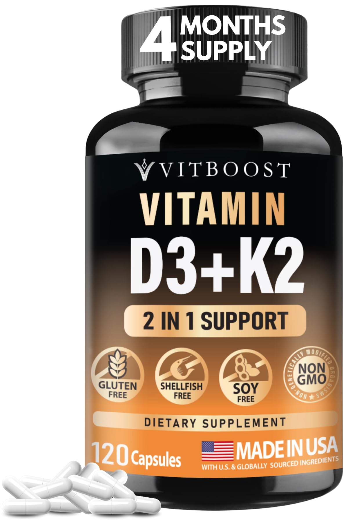VITBOOST Vitamin D3 K2 Complex - Easy to Swallow - Vitamin D (D3) 5000 IU (125 mcg) & K2(MK-7) 90 mcg | Non-GMO | Gluten-Free - Maple Wellness Supplements