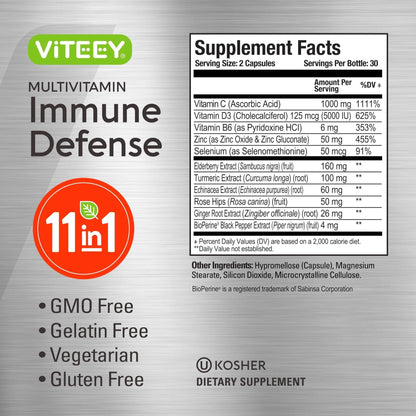 VITEEY 11 in 1 Immune Support Supplement - Immune Defense with Vitamin D3, B6, Echinacea, Turmeric, Rose-HIPS, Selenium - Maple Wellness Supplements