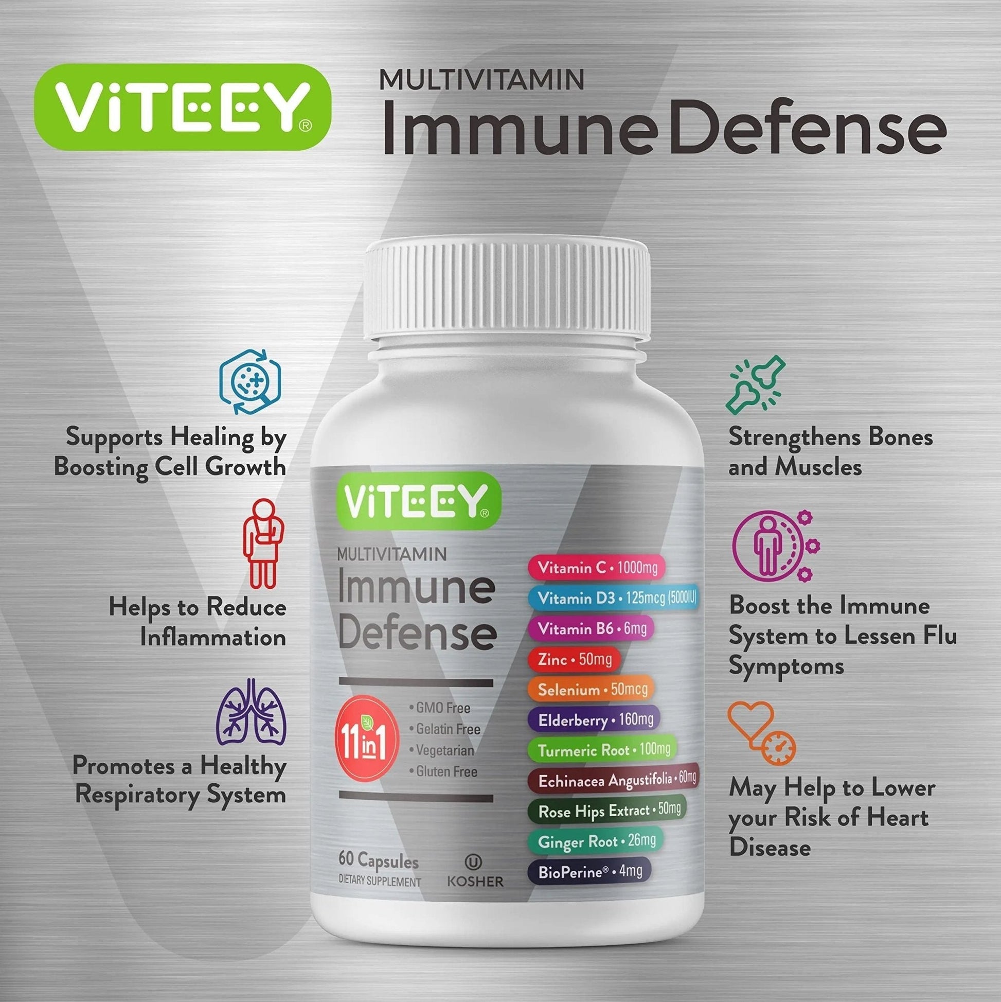 VITEEY 11 in 1 Immune Support Supplement - Immune Defense with Vitamin D3, B6, Echinacea, Turmeric, Rose-HIPS, Selenium - Maple Wellness Supplements