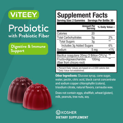 Viteey Probiotic Gummies with Prebiotics – Gut Health Supplements for Digestive Health – 2 Billion CFUs – Vegan, Gluten-Free – 60 Count - Maple Wellness Supplements