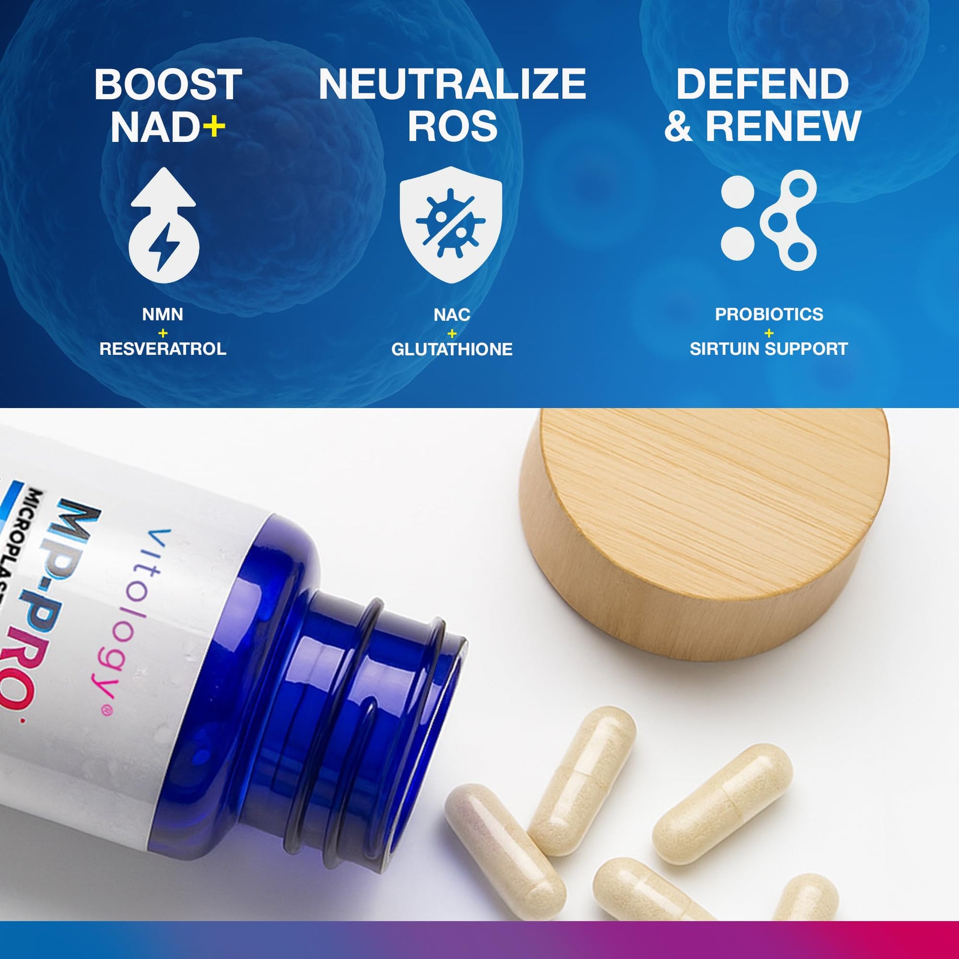 Vitology MP-PRO Microplastics Defense | 15 Billion CFU Probiotic + Antioxidant Blend | NMN, NAC, Glutathione, Resveratrol & Charcoal | Supports Cellular Detox, Longevity & Gut Health – 60 Capsules - Maple Wellness Supplements