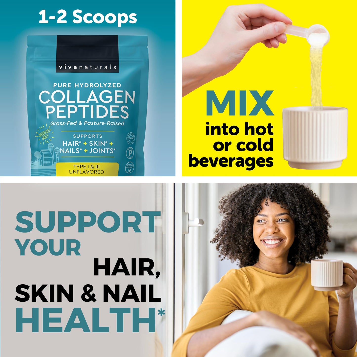 Viva Naturals Collagen Peptides Powder - Grass-Fed Hydrolyzed Bovine, Type I & III - 19 g Protein, Unflavored, Easy Dissolving - Joint, Skin, Hair & Nail Support - Paleo, Keto, Non-GMO - 1lb - Maple Wellness Supplements