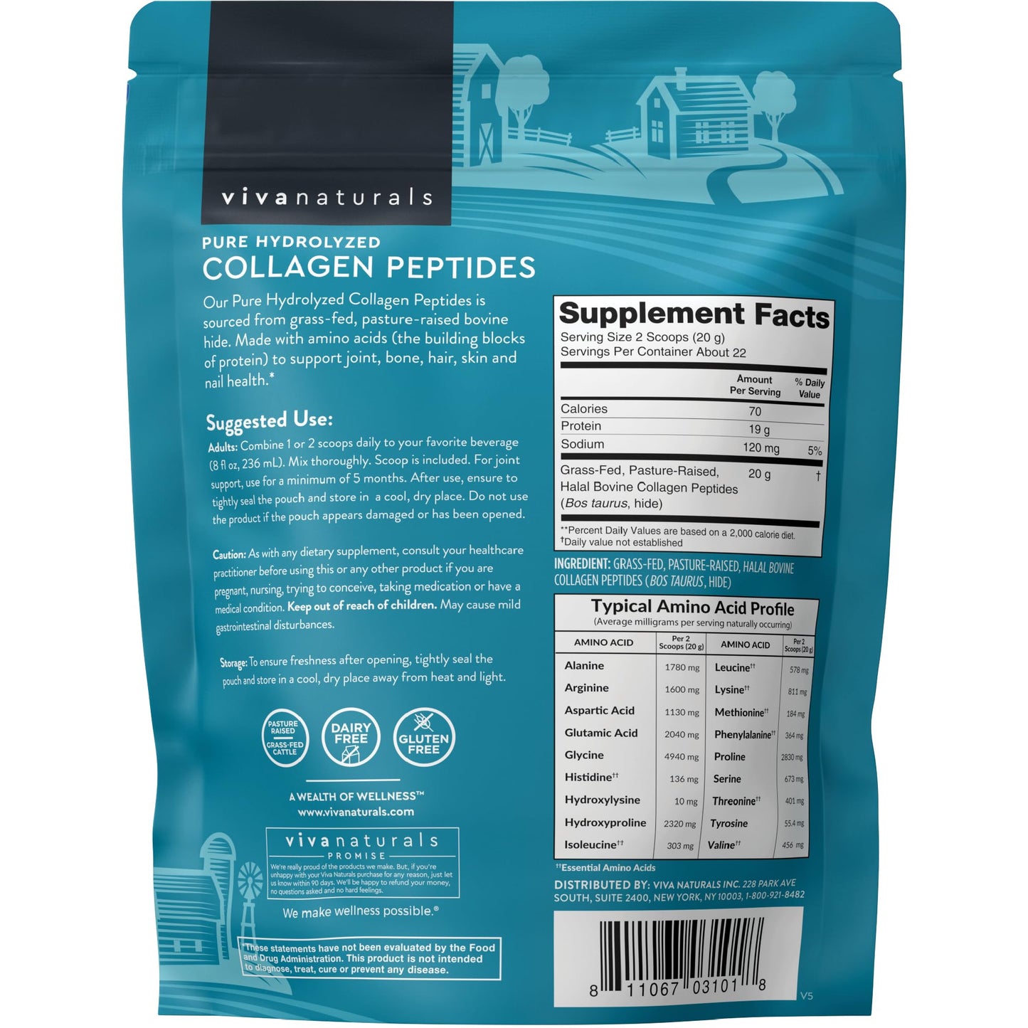 Viva Naturals Collagen Peptides Powder - Grass-Fed Hydrolyzed Bovine, Type I & III - 19 g Protein, Unflavored, Easy Dissolving - Joint, Skin, Hair & Nail Support - Paleo, Keto, Non-GMO - 1lb - Maple Wellness Supplements