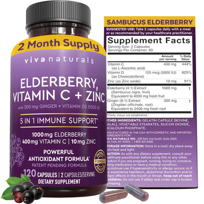 Viva Naturals Elderberry with Vitamin C and Zinc for Adults - 5 in 1 Sambucus Black Elderberry Capsules with Vitamin D3 5000 IU Immunity Supplement - Maple Wellness Supplements