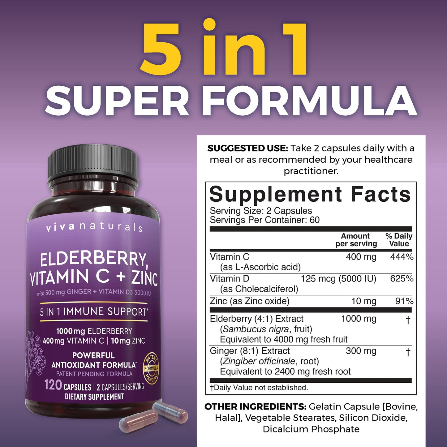 Viva Naturals Elderberry with Vitamin C and Zinc for Adults - 5 in 1 Sambucus Black Elderberry Capsules with Vitamin D3 5000 IU Immunity Supplement - Maple Wellness Supplements