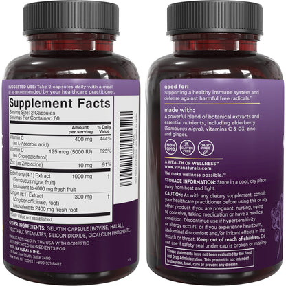 Viva Naturals Elderberry with Vitamin C and Zinc for Adults - 5 in 1 Sambucus Black Elderberry Capsules with Vitamin D3 5000 IU Immunity Supplement - Maple Wellness Supplements