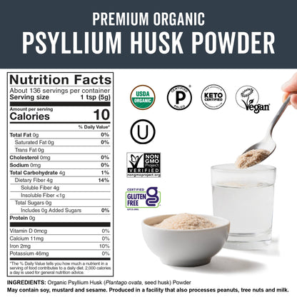 Viva Naturals Organic Psyllium Husk Powder, 24 oz – Finely Ground, Unflavored, Vegan, Keto, Paleo, Non-GMO Plant-Based Superfood, Good Source of Fiber for Gluten-Free Baking, Juices & Smoothies - Maple Wellness Supplements