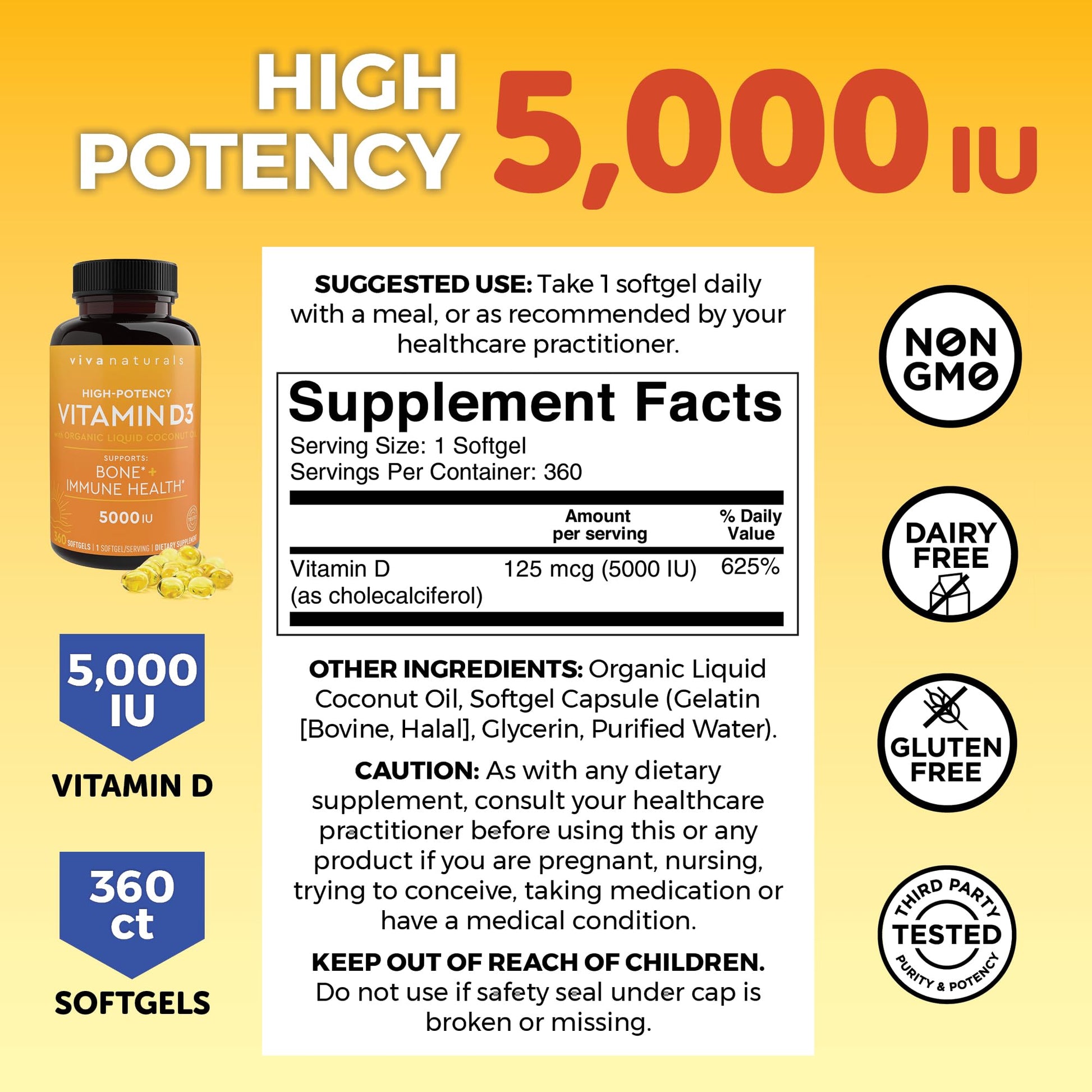 Viva Naturals Vitamin D3 5000 IU Softgels, 360 Count (125 mcg), Supports Bone & Immune Health, High Potency Vitamin D - Maple Wellness Supplements