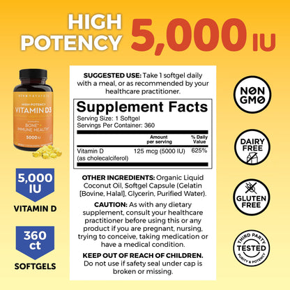 Viva Naturals Vitamin D3 5000 IU Softgels, 360 Count (125 mcg), Supports Bone & Immune Health, High Potency Vitamin D - Maple Wellness Supplements