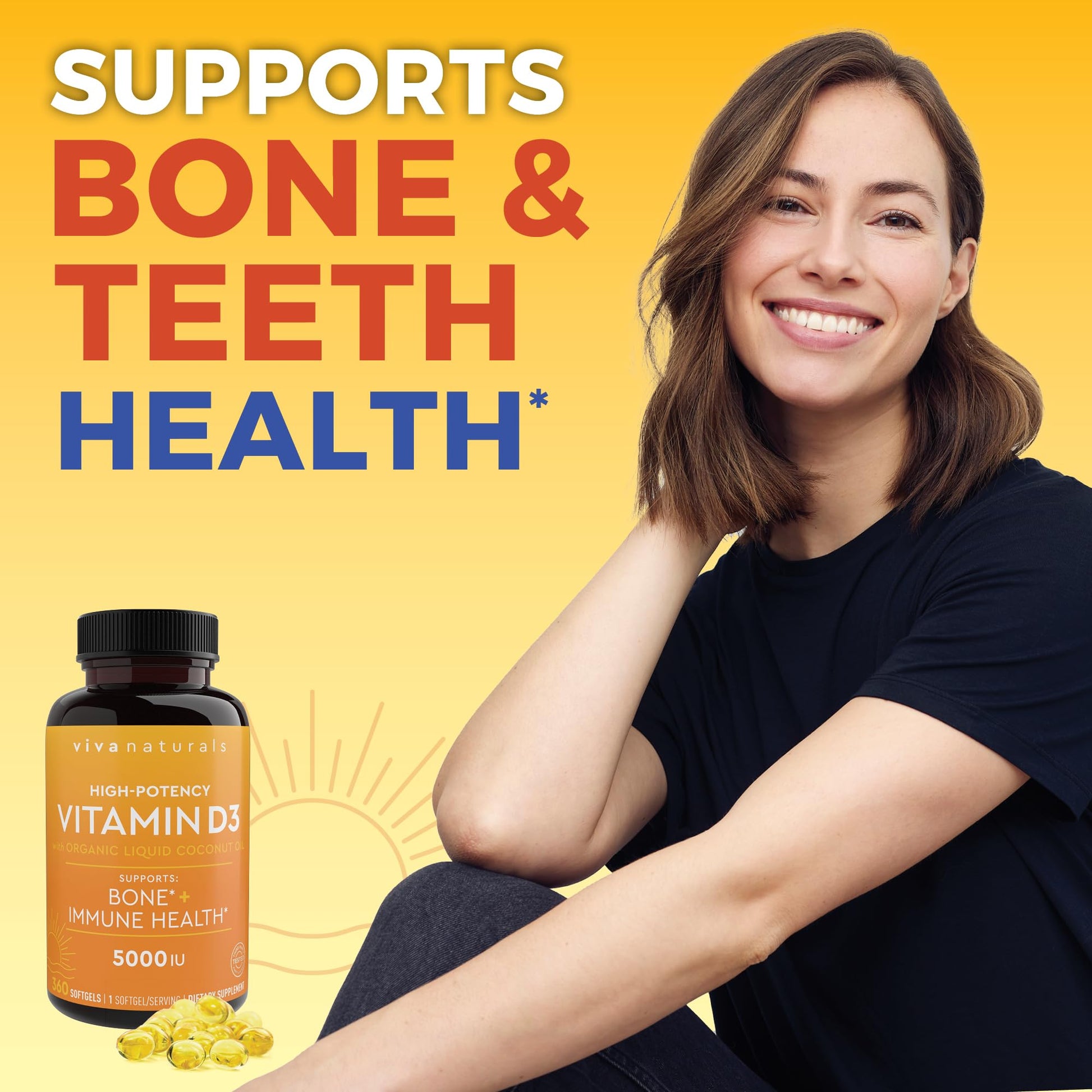 Viva Naturals Vitamin D3 5000 IU Softgels, 360 Count (125 mcg), Supports Bone & Immune Health, High Potency Vitamin D - Maple Wellness Supplements