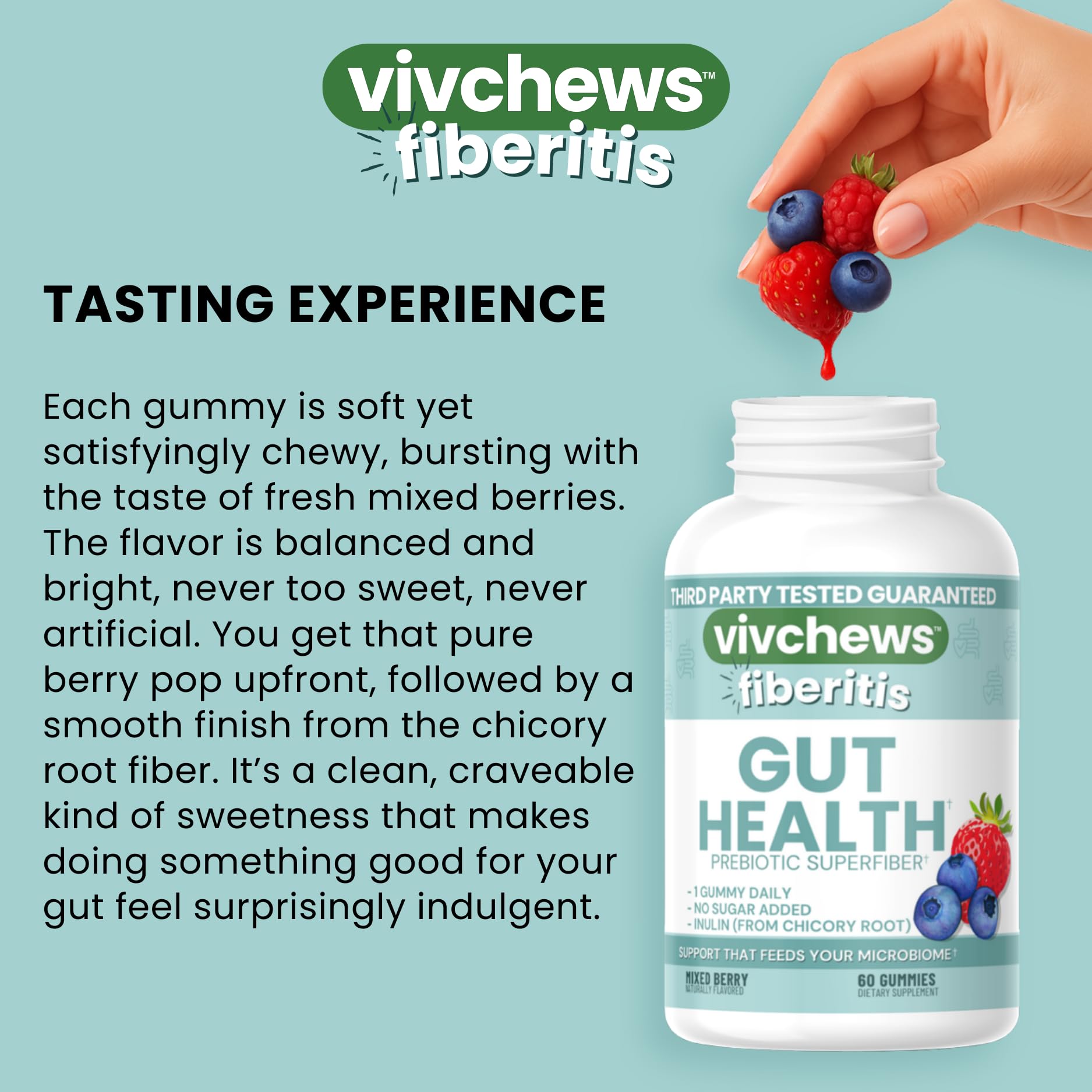 vivchews Gut Health Gummies – Prebiotic Fiber for Bloating Relief, No Sugar Added, Non-GMO, Fruit Pectin Based, Gluten-Free, No Artificial Colors, - Maple Wellness Supplements