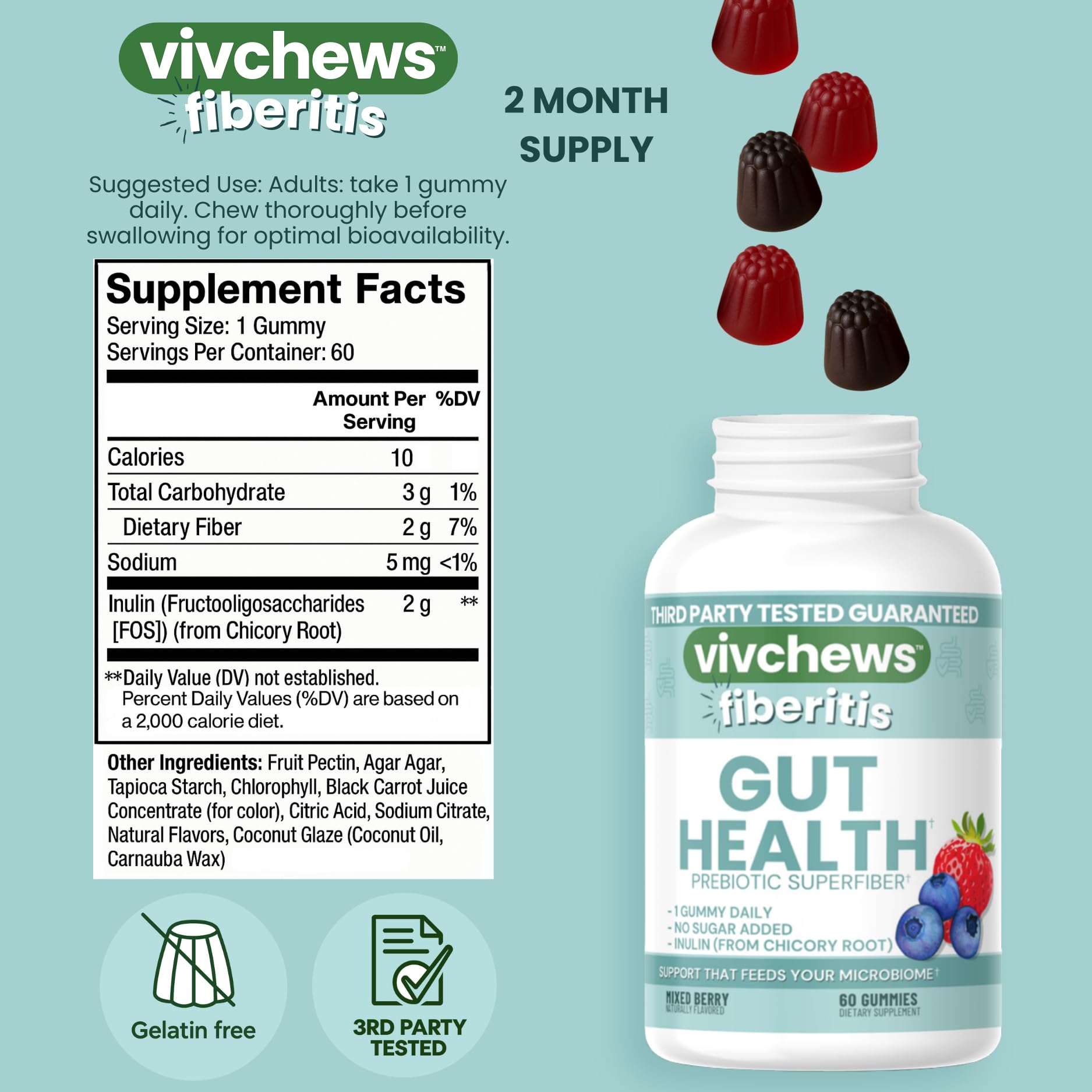 vivchews Gut Health Gummies – Prebiotic Fiber for Bloating Relief, No Sugar Added, Non-GMO, Fruit Pectin Based, Gluten-Free, No Artificial Colors, - Maple Wellness Supplements