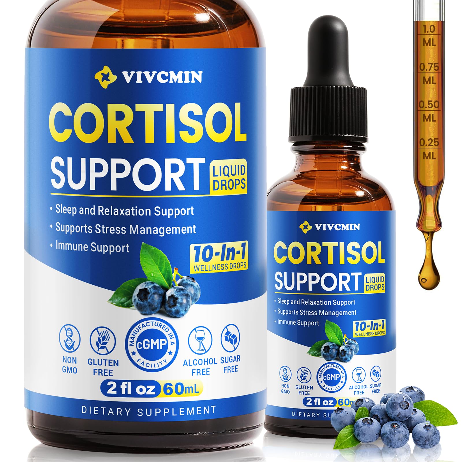 vivcmin 10 in 1 Cortisol Supplements for Women & Men, Cortisol Reducer with Ashwagandha, Magnesium, L-Theanine, Hormone Balance Drops - Sleep & Mood Support, 2 Fl Oz, Blueberry Flavor - Maple Wellness Supplements