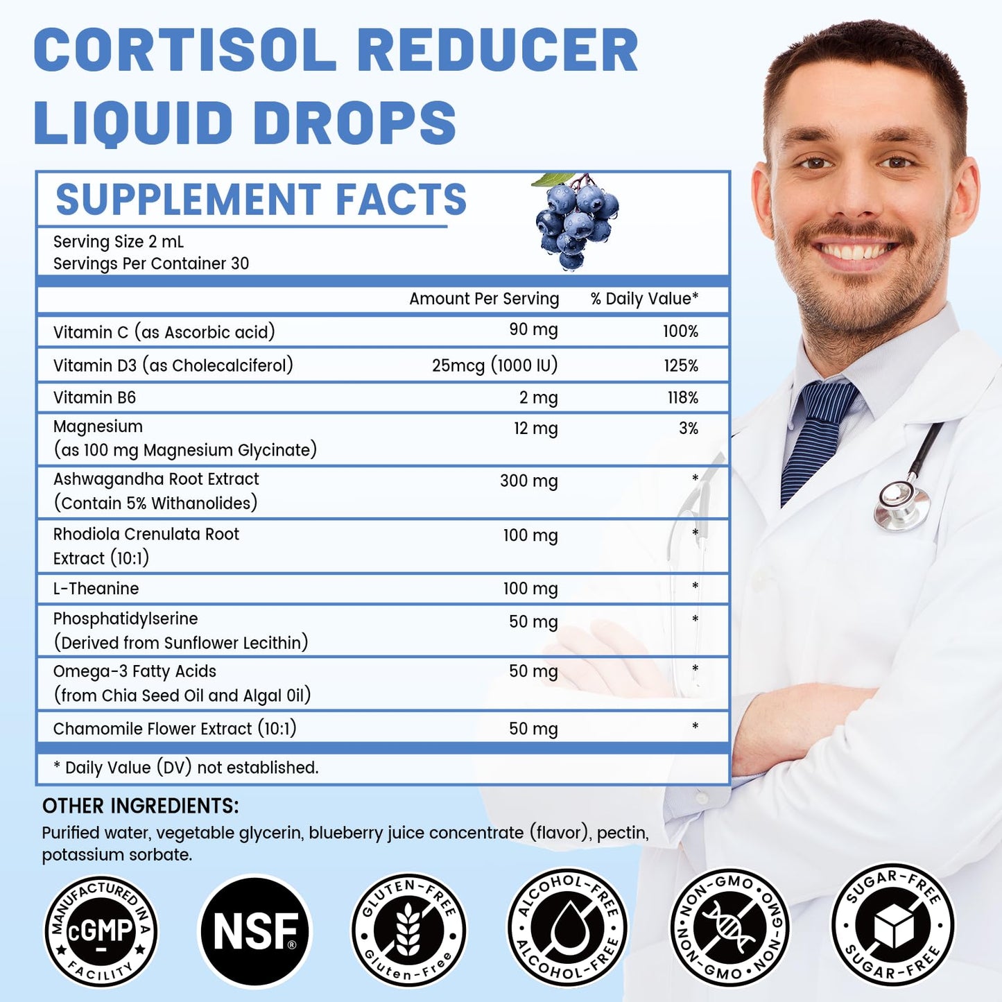 vivcmin 10 in 1 Cortisol Supplements for Women & Men, Cortisol Reducer with Ashwagandha, Magnesium, L-Theanine, Hormone Balance Drops - Sleep & Mood Support, 2 Fl Oz, Blueberry Flavor - Maple Wellness Supplements