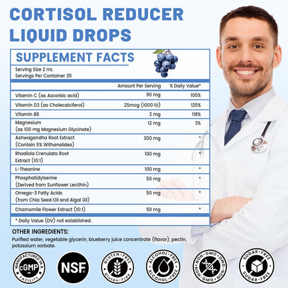 vivcmin 10 in 1 Cortisol Supplements for Women & Men, Cortisol Reducer with Ashwagandha, Magnesium, L-Theanine, Hormone Balance Drops - Sleep & Mood Support, 2 Fl Oz, Blueberry Flavor - Maple Wellness Supplements