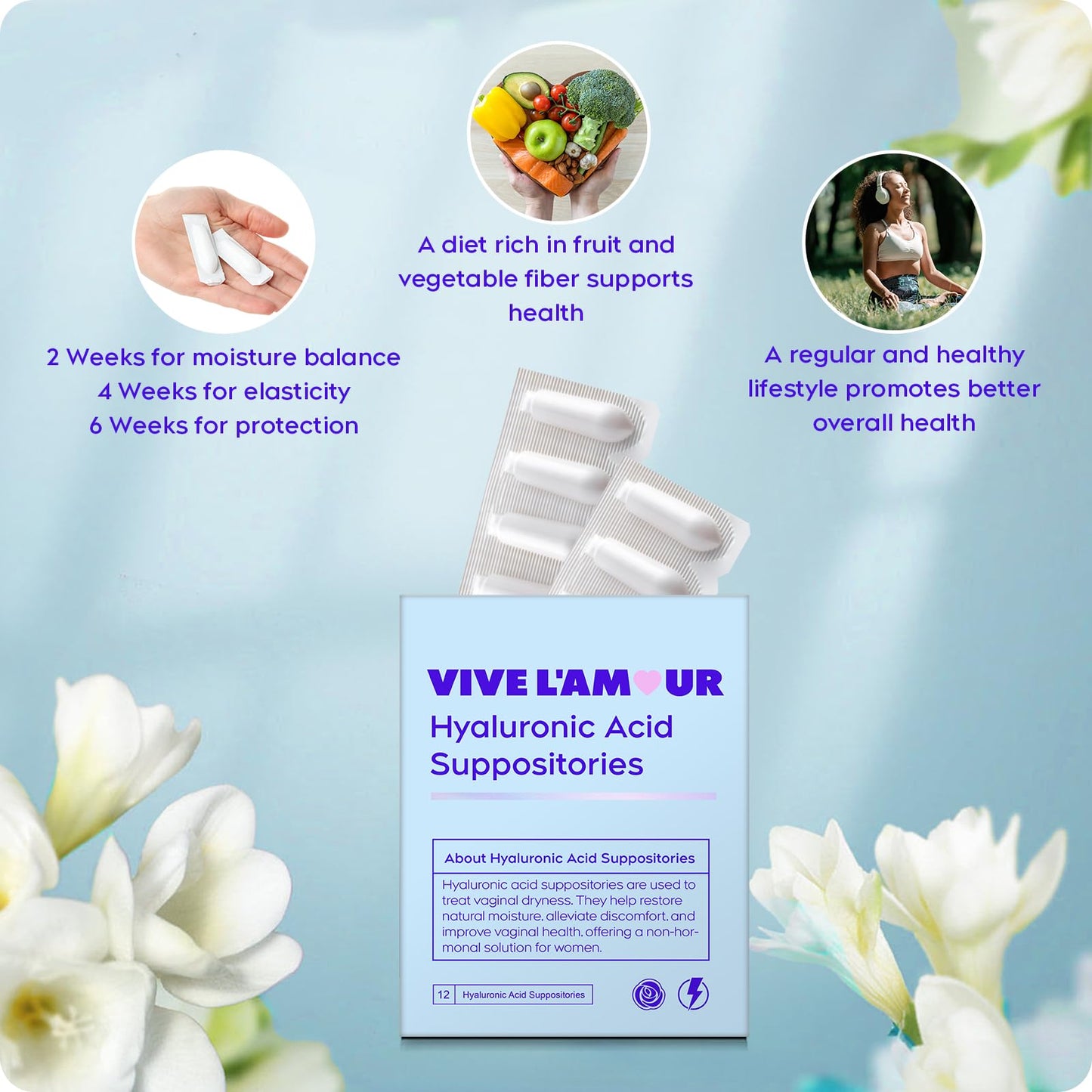 Vive L'Amour 15mg Hyaluronic Acid Vaginal Suppositories (2-Pack, 24 Count), Vaginal Moisturizer, Continuous Hydration, Relieves Vaginal Dryness, Restores Natural Softness & Elasticity, Vaginal Health - Maple Wellness Supplements