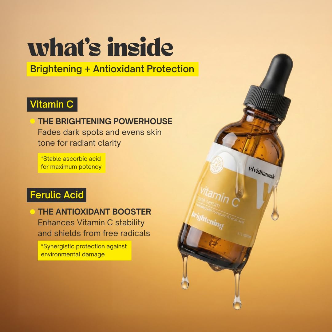 Vivid Naturals Vitamin C Serum For Face With Hyaluronic and Ferulic Acid 60ml Made In USA - Lightweight Non-Sticky Vit C Serum Face for Hydrating Brighter Smooth Fresh Skin Glow Fast Absorbing - Maple Wellness Supplements