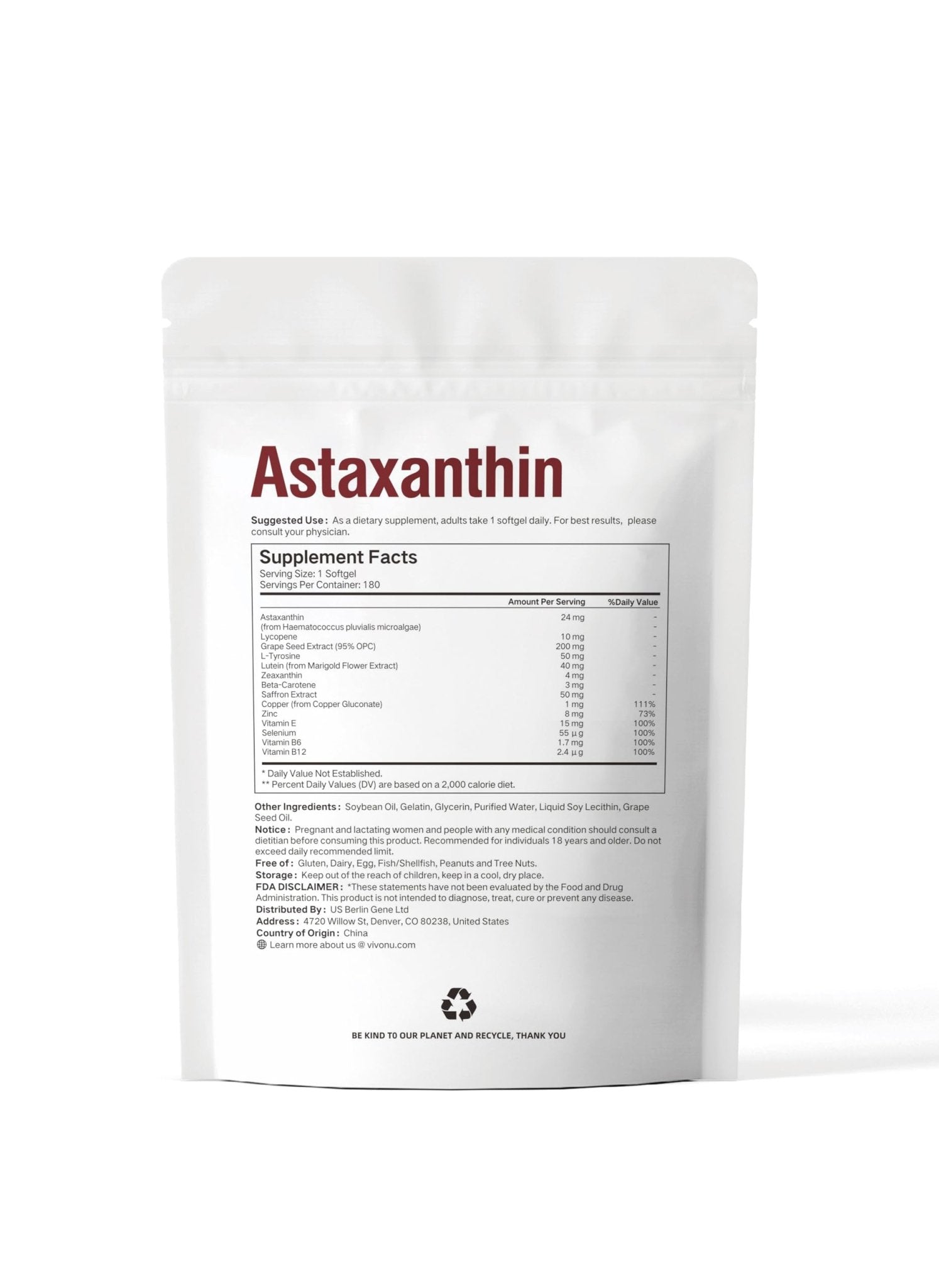 VivoNu 14-in-1 Astaxanthin 24mg & Lutein 40mg with Zeaxanthin Supplements, 6 Month Supply, Fresh Microalgae Source, Gluten Free Non-GMO, Supports Eye - Maple Wellness Supplements