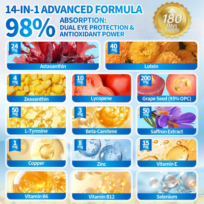 VivoNu 14-in-1 Astaxanthin 24mg & Lutein 40mg with Zeaxanthin Supplements, 6 Month Supply, Fresh Microalgae Source, Gluten Free Non-GMO, Supports Eye - Maple Wellness Supplements