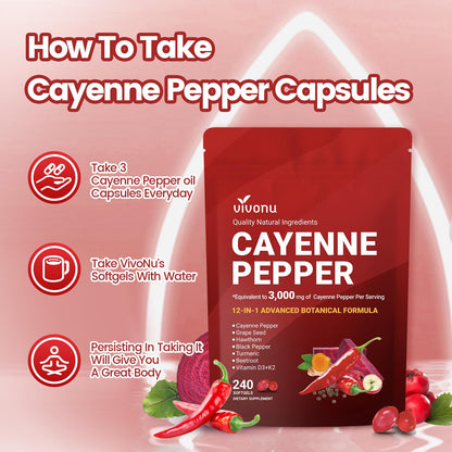 VivoNu Cayenne Pepper Softgels Supplement, Supports Leg Vein, Heart and Blood Vessel Health, with Vitamin E D3+K2 and Extracts of Grape Seed, Hawthorn - Maple Wellness Supplements