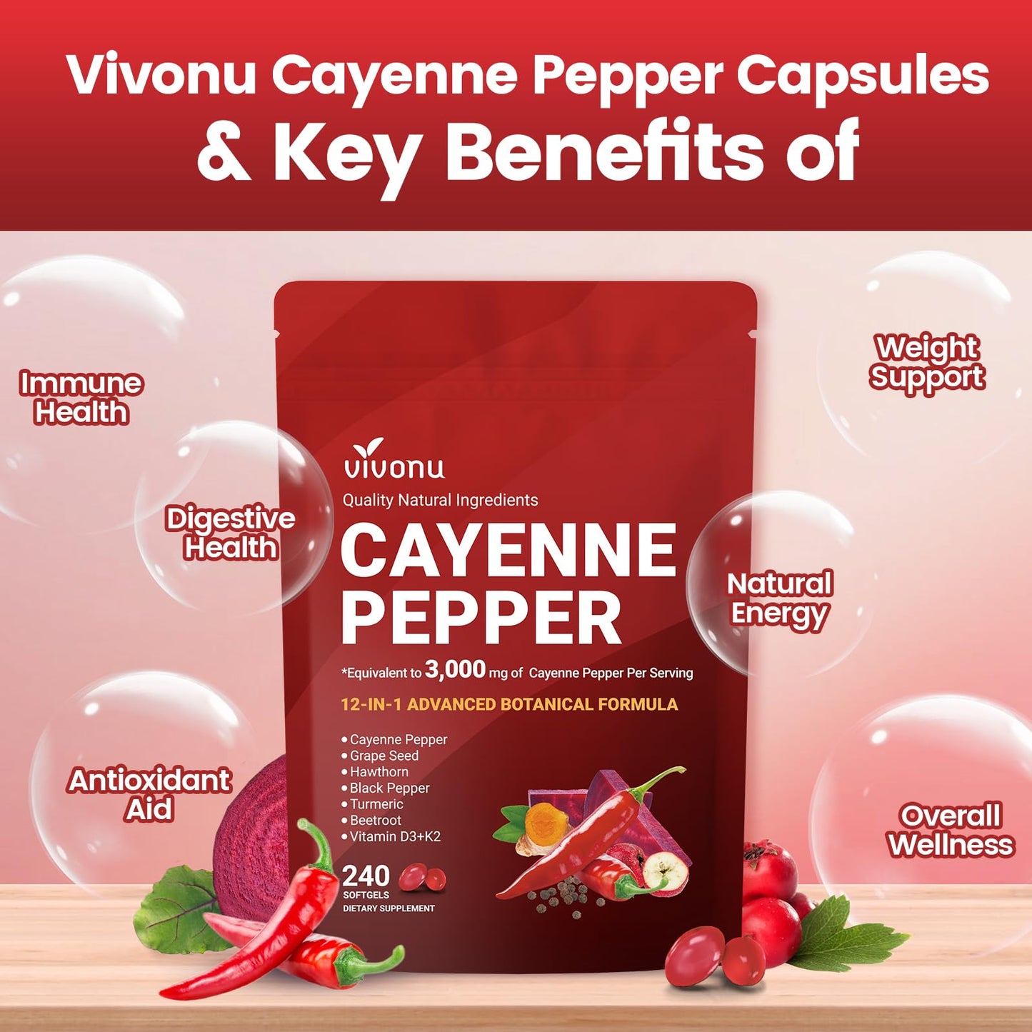 VivoNu Cayenne Pepper Softgels Supplement, Supports Leg Vein, Heart and Blood Vessel Health, with Vitamin E D3+K2 and Extracts of Grape Seed, Hawthorn - Maple Wellness Supplements