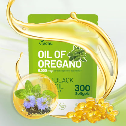 VivoNu Oil of Oregano with Black Seed Oil, Balanced Oil of Oregano Capsules, 300 Count Organic OreganoOil Softgels - Maple Wellness Supplements