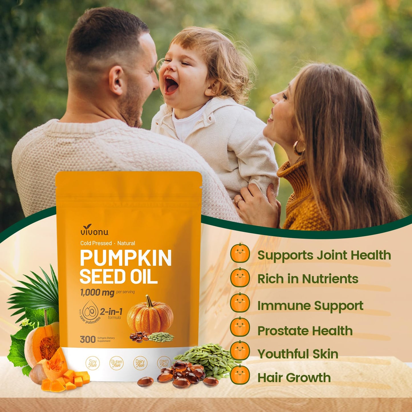 VivoNu Pumpkin Seed Oil with Saw Palmetto Capsules | Cold Pressed, Pure Virgin Oil, Essential Fatty Acids & Phytosterols | 300 SoftgelsSupports Hair, Urinary - Maple Wellness Supplements