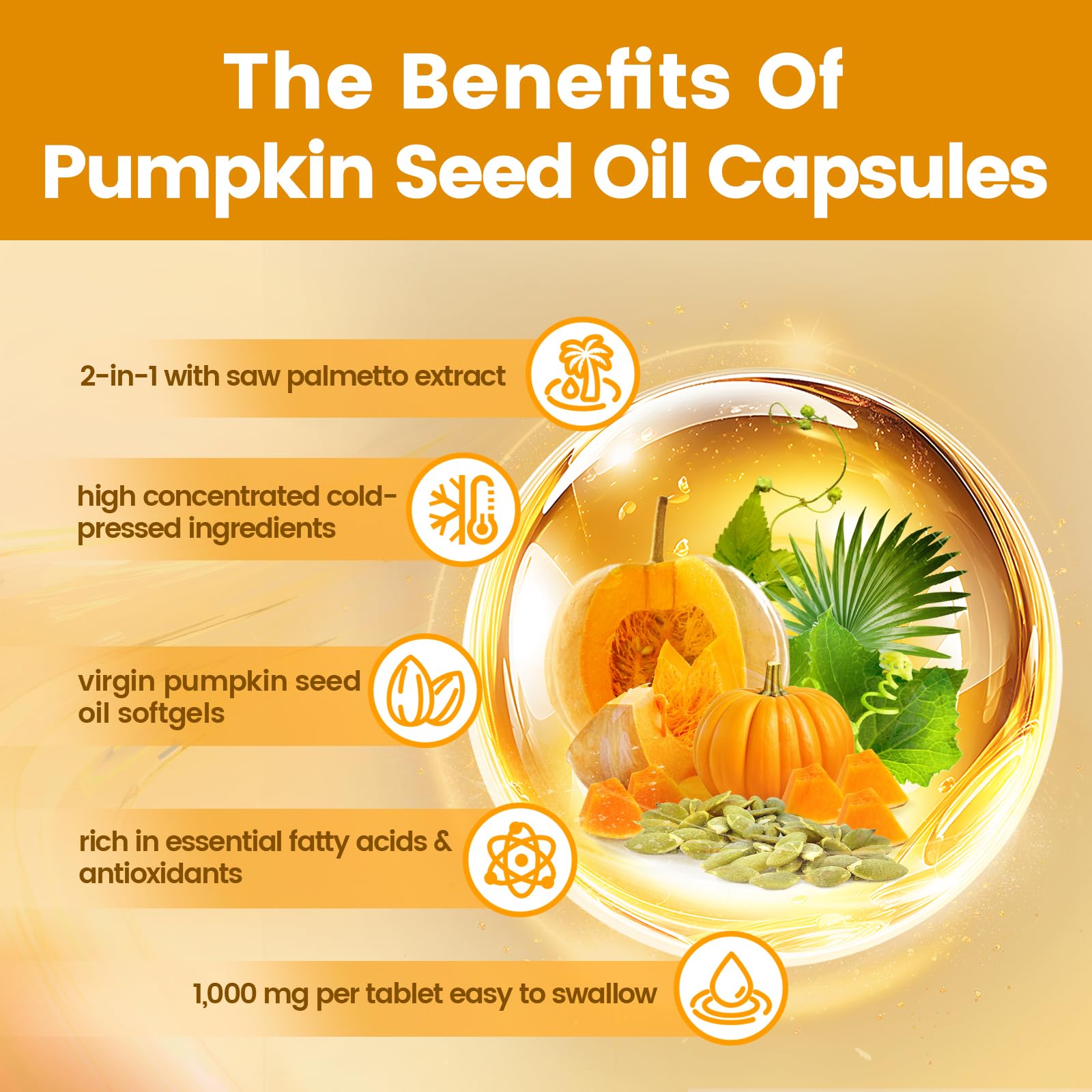 VivoNu Pumpkin Seed Oil with Saw Palmetto Capsules | Cold Pressed, Pure Virgin Oil, Essential Fatty Acids & Phytosterols | 300 SoftgelsSupports Hair, Urinary - Maple Wellness Supplements