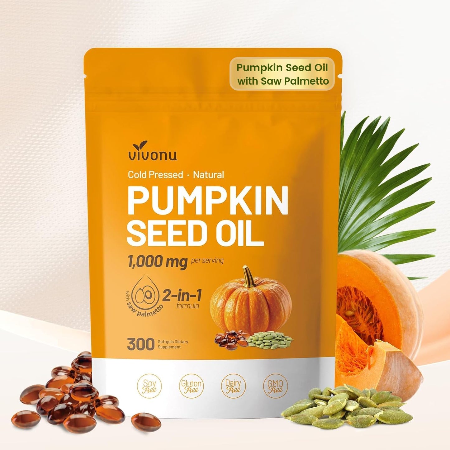VivoNu Pumpkin Seed Oil with Saw Palmetto Capsules | Cold Pressed, Pure Virgin Oil, Essential Fatty Acids & Phytosterols | 300 SoftgelsSupports Hair, Urinary - Maple Wellness Supplements