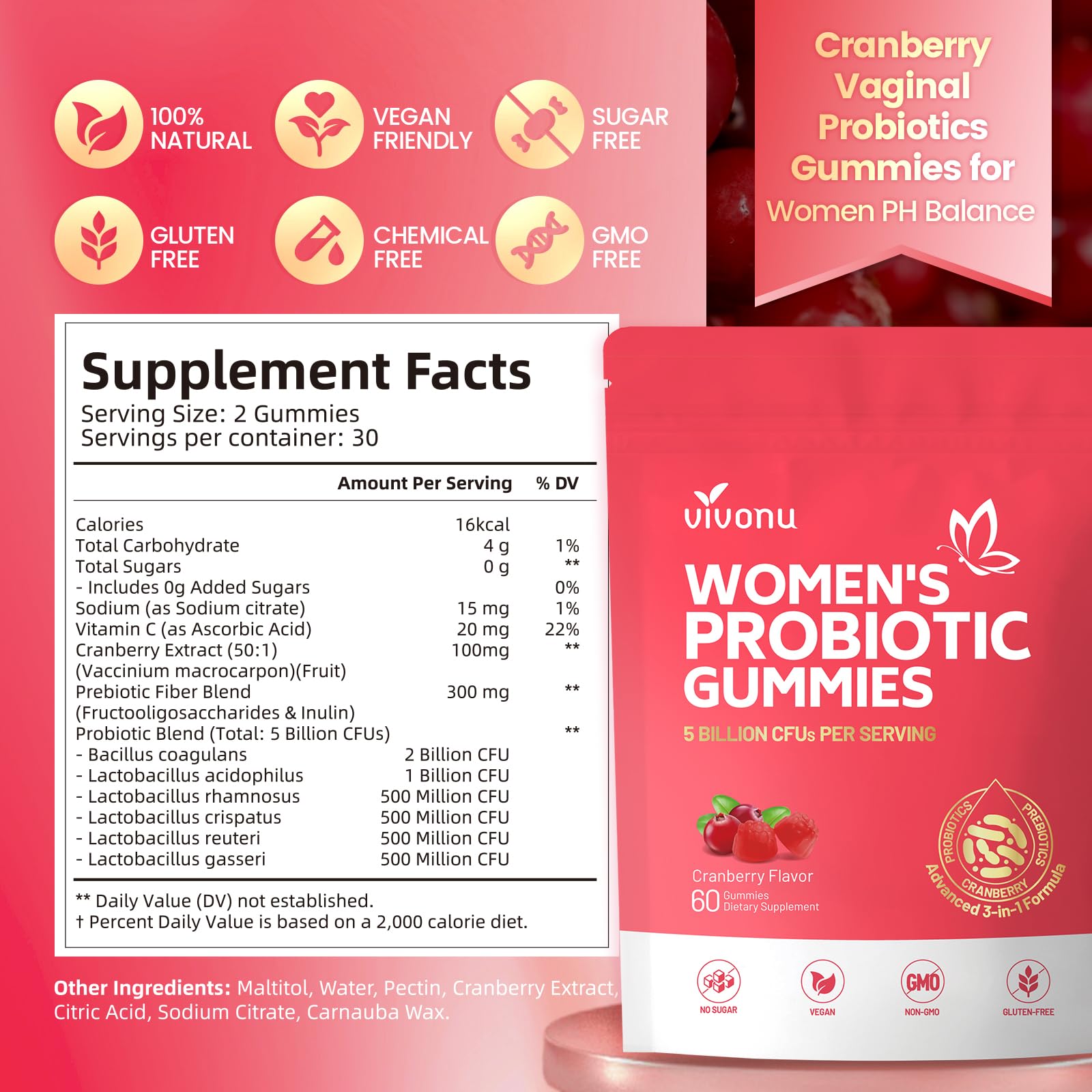 VivoNu Viginal Probiotics for Women, Women Probiotic Gummies, Feminine Balance Gummies, Prebiotic Gummy, Cranberry Probiotics for Woman Vaginigal Health, Yeast Ph Balance| 60 Gummies - Maple Wellness Supplements