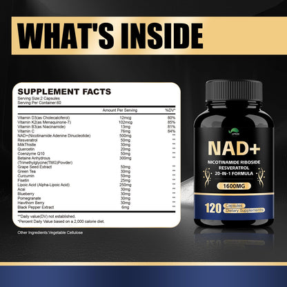 VPKIN NAD Supplement,1500mg NAD+ Supplement with Resveratrol,Nicotinamide,Quercetin,CoQ10,Support Energy & Repair, Vitality,Non-GMO, No Fillers(120 Capsules) - Maple Wellness Supplements
