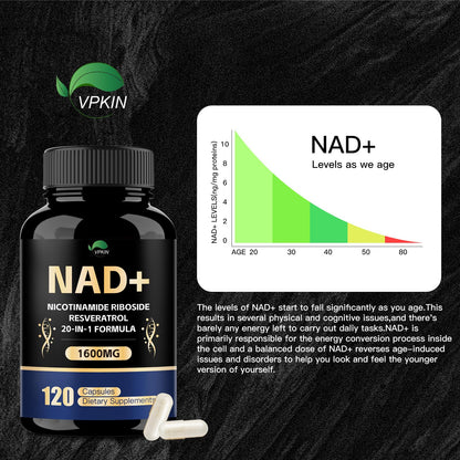 VPKIN NAD Supplement,1500mg NAD+ Supplement with Resveratrol,Nicotinamide,Quercetin,CoQ10,Support Energy & Repair, Vitality,Non-GMO, No Fillers(120 Capsules) - Maple Wellness Supplements