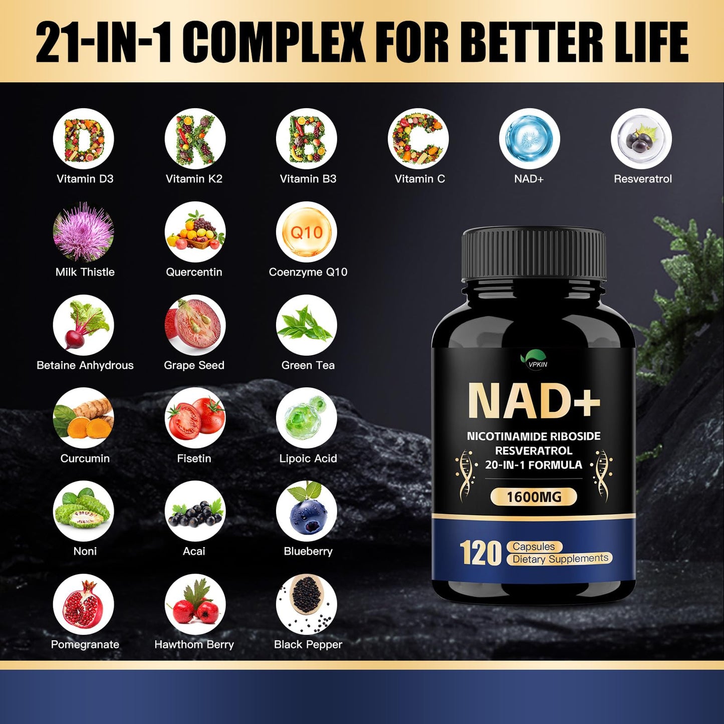 VPKIN NAD Supplement,1500mg NAD+ Supplement with Resveratrol,Nicotinamide,Quercetin,CoQ10,Support Energy & Repair, Vitality,Non-GMO, No Fillers(120 Capsules) - Maple Wellness Supplements
