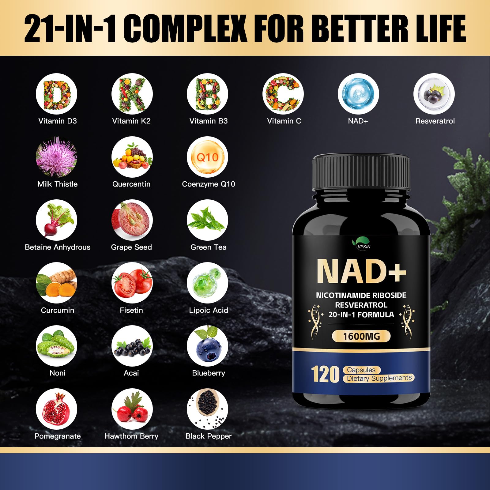 VPKIN NAD Supplement,1500mg NAD+ Supplement with Resveratrol,Nicotinamide,Quercetin,CoQ10,Support Energy & Repair, Vitality,Non-GMO, No Fillers(120 Capsules) - Maple Wellness Supplements
