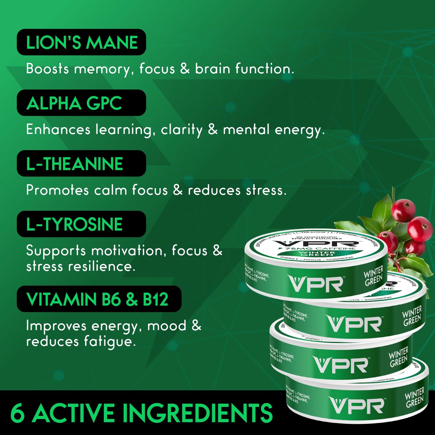VPR 75MG Caffeine Nootropic Pouches | 20 Count Energy Pouches with Lion's Mane, Alpha-GPC, Vitamin B6 & B12, L-Theanine, and L-Tyrosine | Naturally Flavored Focus Pouches with No Sugar (Variety Pack) - Maple Wellness Supplements