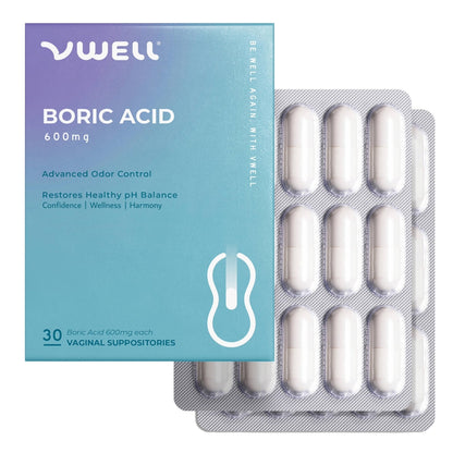 VWELL Boric Acid Vaginal Suppositories - Homeopathic Solution Maintains and Balances Healthy Vaginal pH & Microbiome Intimacy - Doctors Recommended (One Size, 30, Count) - Maple Wellness Supplements