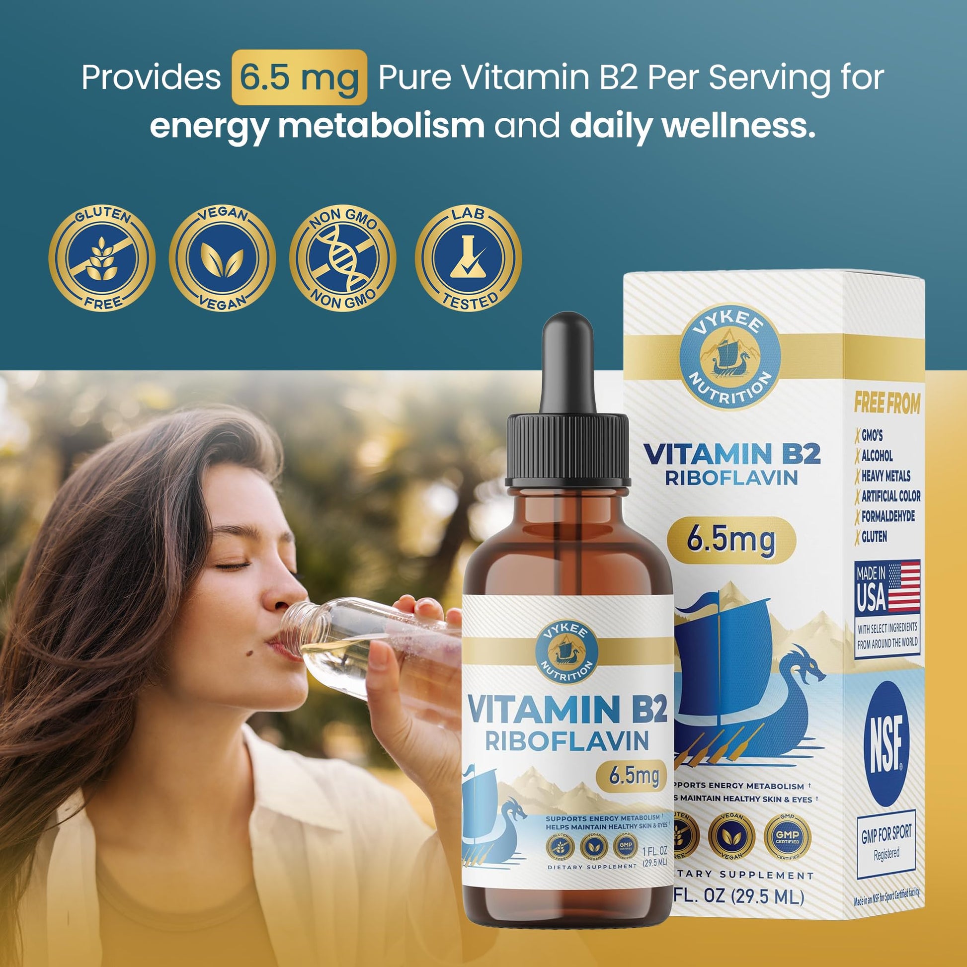 Vykee Nutrition Vitamin B2 Riboflavin Drops - Liquid B2 Supplement for Energy Metabolism, Cellular Function and Vision Support - Vegan, Non-GMO, Gluten-Free - Maple Wellness Supplements