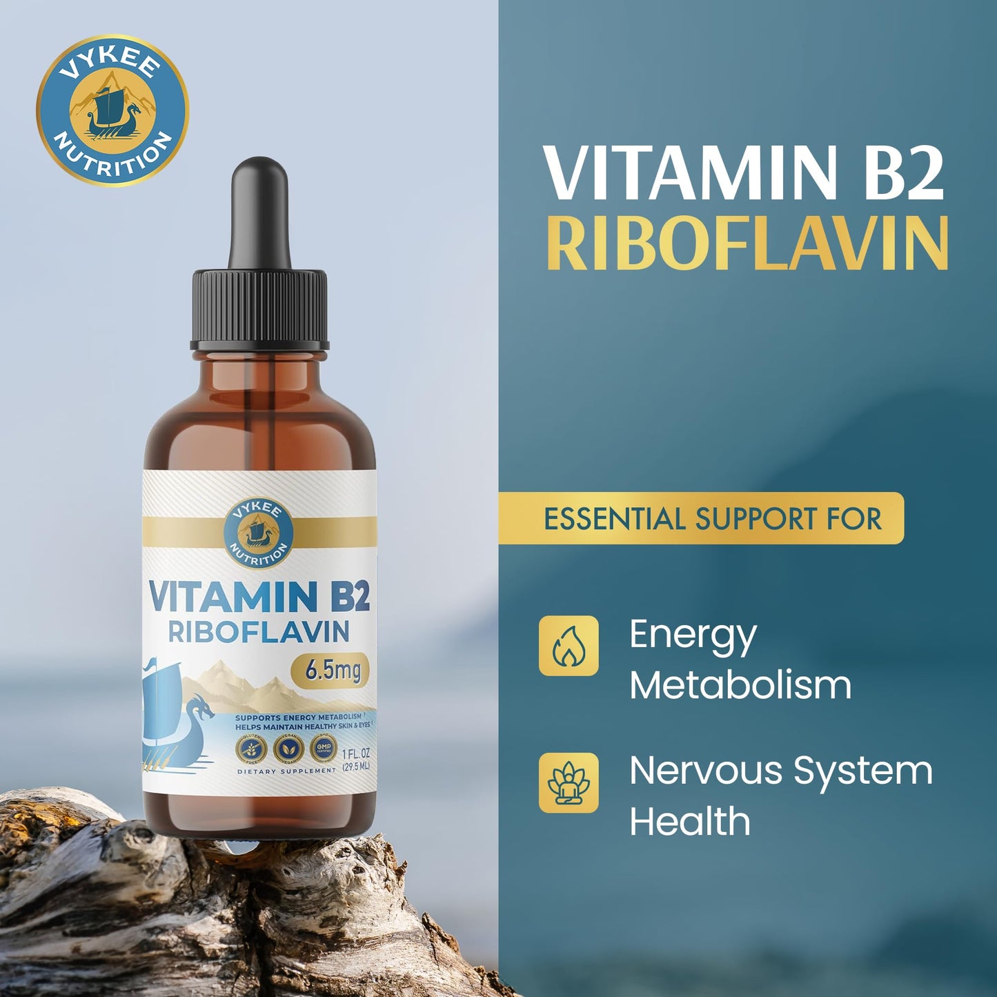 Vykee Nutrition Vitamin B2 Riboflavin Drops - Liquid B2 Supplement for Energy Metabolism, Cellular Function and Vision Support - Vegan, Non-GMO, Gluten-Free - Maple Wellness Supplements
