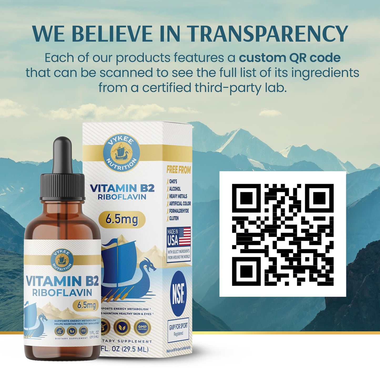 Vykee Nutrition Vitamin B2 Riboflavin Drops - Liquid B2 Supplement for Energy Metabolism, Cellular Function and Vision Support - Vegan, Non-GMO, Gluten-Free - Maple Wellness Supplements