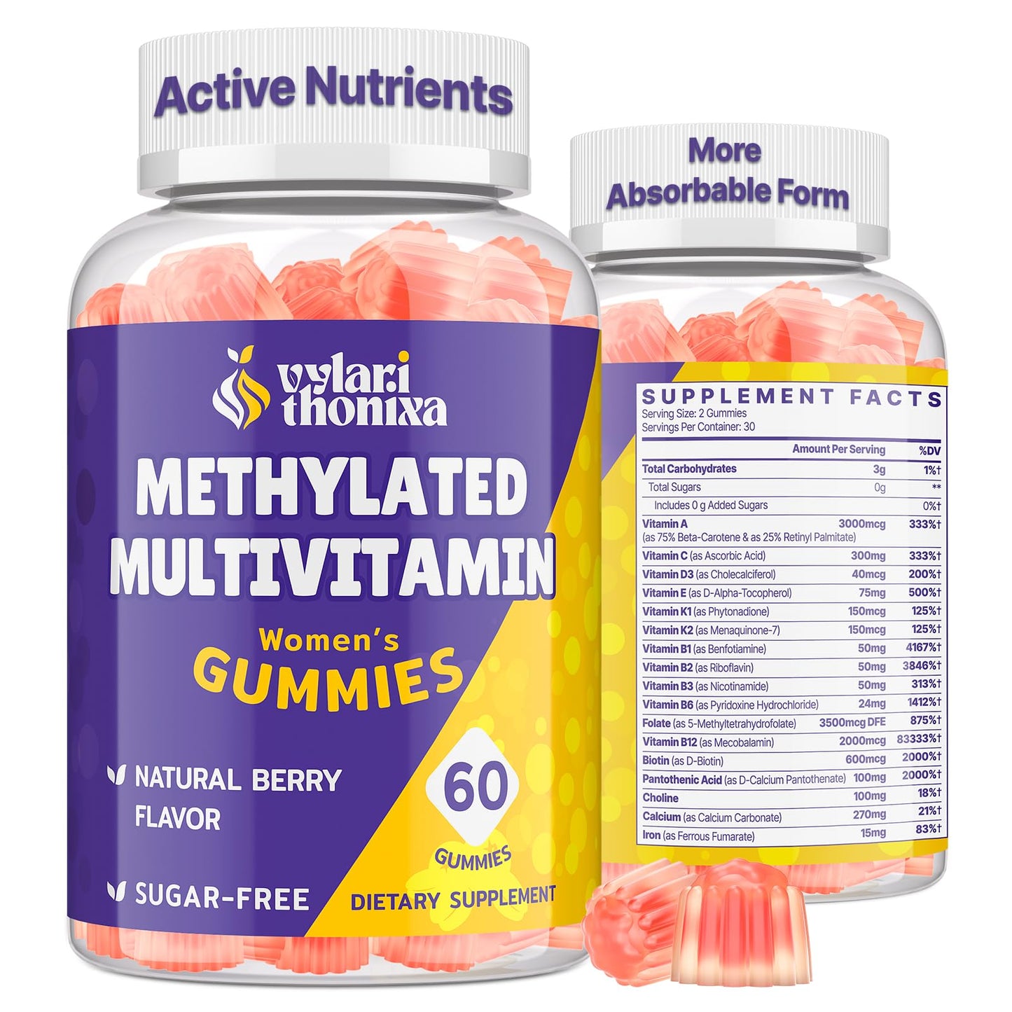Vylarithonixa Methylated Multivitamin Gummies for Women – MTHFR Supplement Contains Methylfolate, Methylated B12, TMG & Vitamins A C E K – Energy, Immune & Skin Support - Maple Wellness Supplements