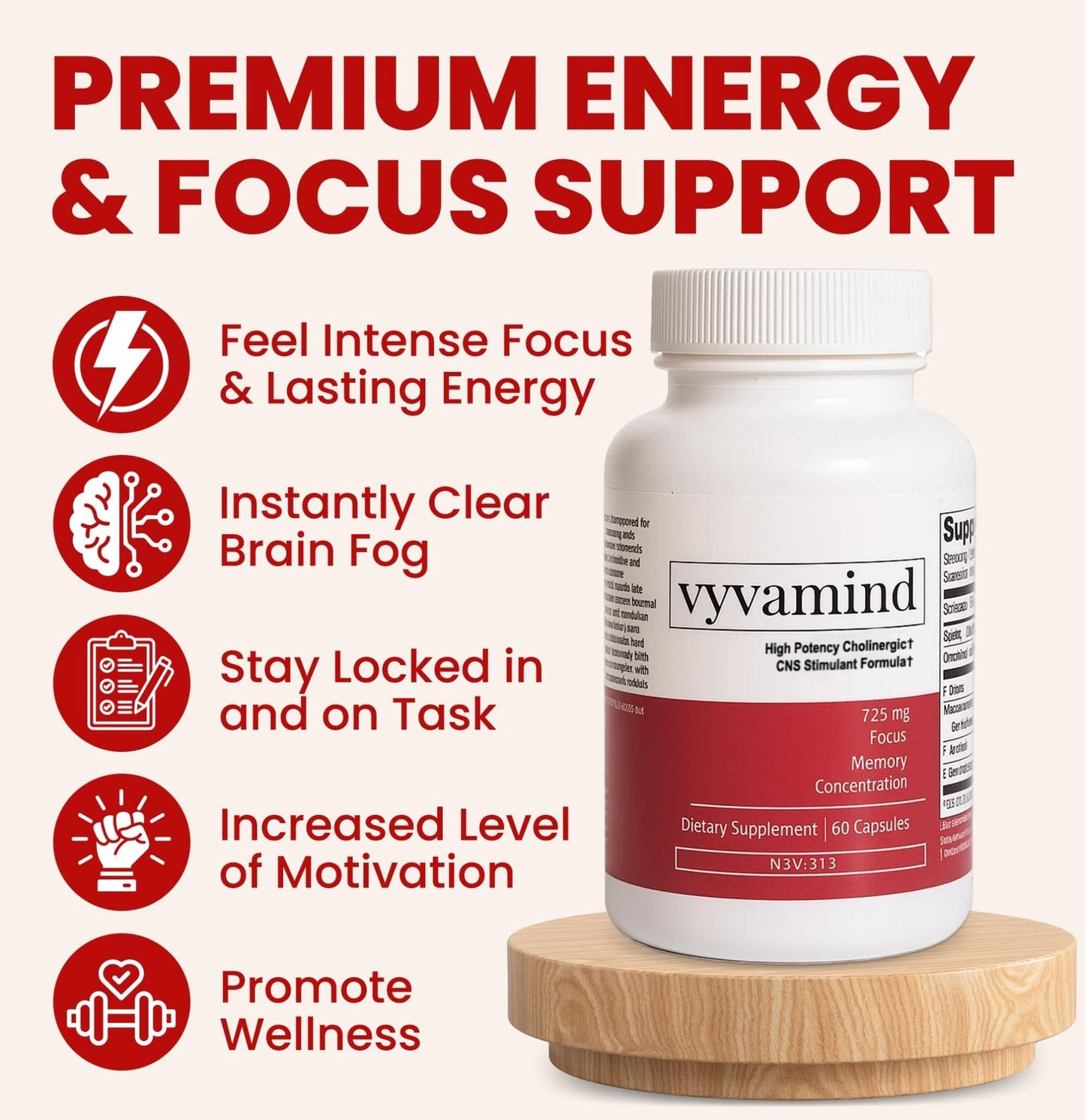 vyvamind Neurostimulant + Focus Aid Nootropic for Enhanced Concentration & Mental Clarity, Brain Support with Caffeine L-Theanine, Fast-Acting Cognitive Boost, 60 Capsules - Maple Wellness Supplements