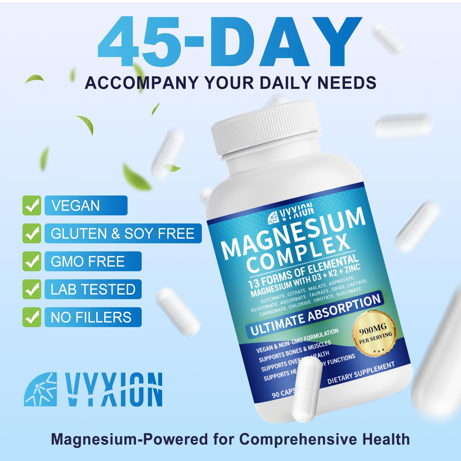 VYXION Magnesium Complex 900mg per Serving – High Absorption Magnesium Glycinate with Vitamin D3 K2 Zinc & B Vitamins – Sleep, Calm, Muscle & Nerve Support – 90 Capsules - Maple Wellness Supplements